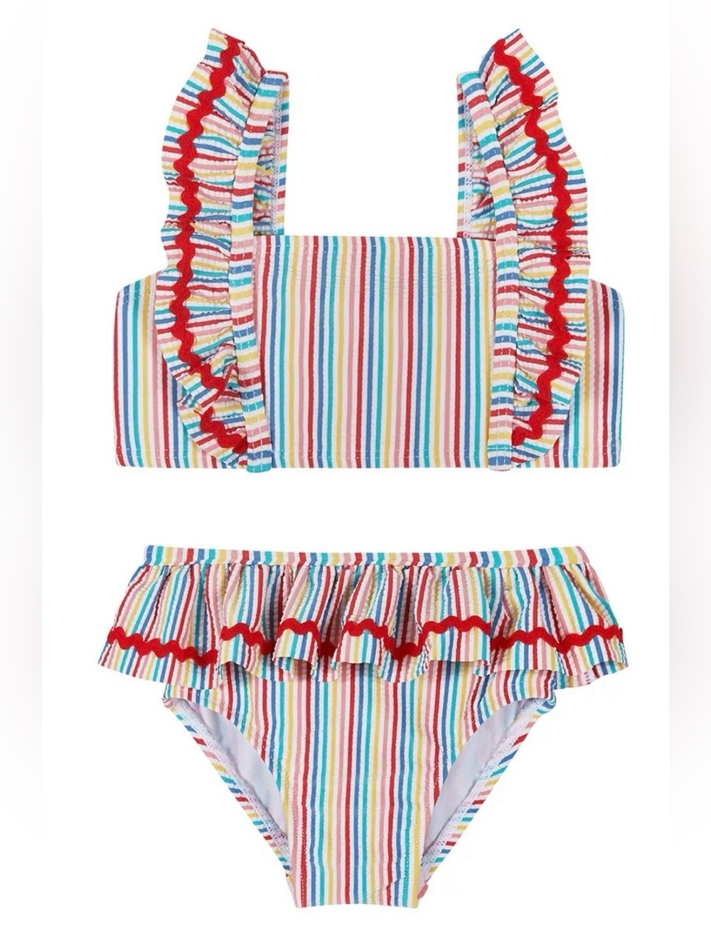 Andy & Evan Multi-Color Rainbow Stripe Ruffle Bikini Set in size 9-12 Months.